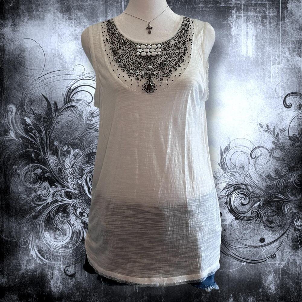 BCBG ornate beaded & rhinestoned sheer white sleeveless top - Picture 3 of 8